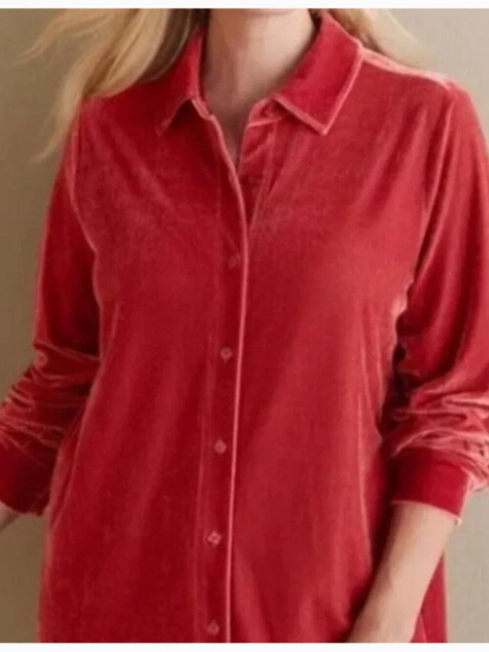 Soft Surroundings Red Velvet Velour Boyfriend Button Front Tunic Shirt size L